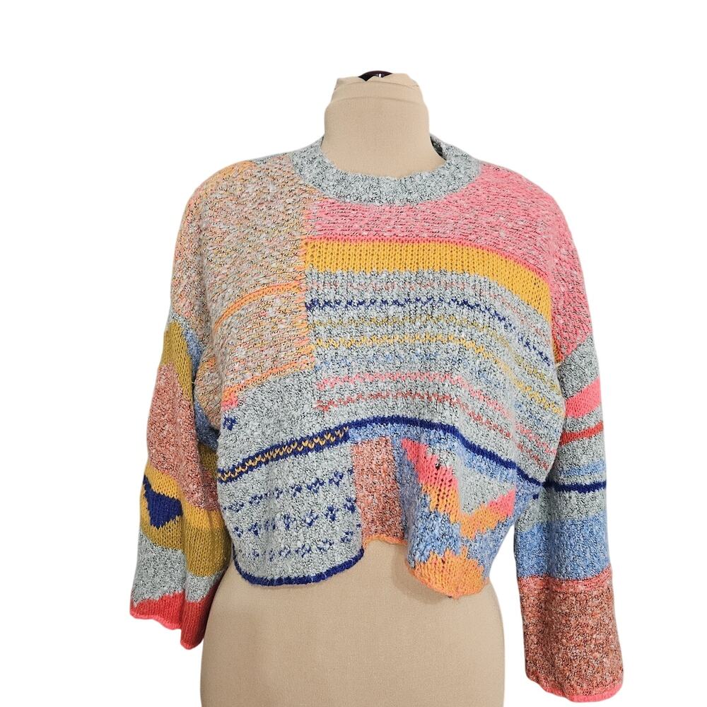 Sincerely Jules Sweater Colorful Boho Chunky Knit Cropped Womens Medium Oversize